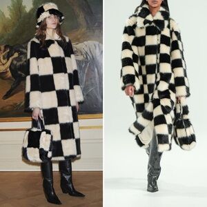 STAND STUDIO NINO COAT CHECK Faux Fur Size 6 US (38 FR)